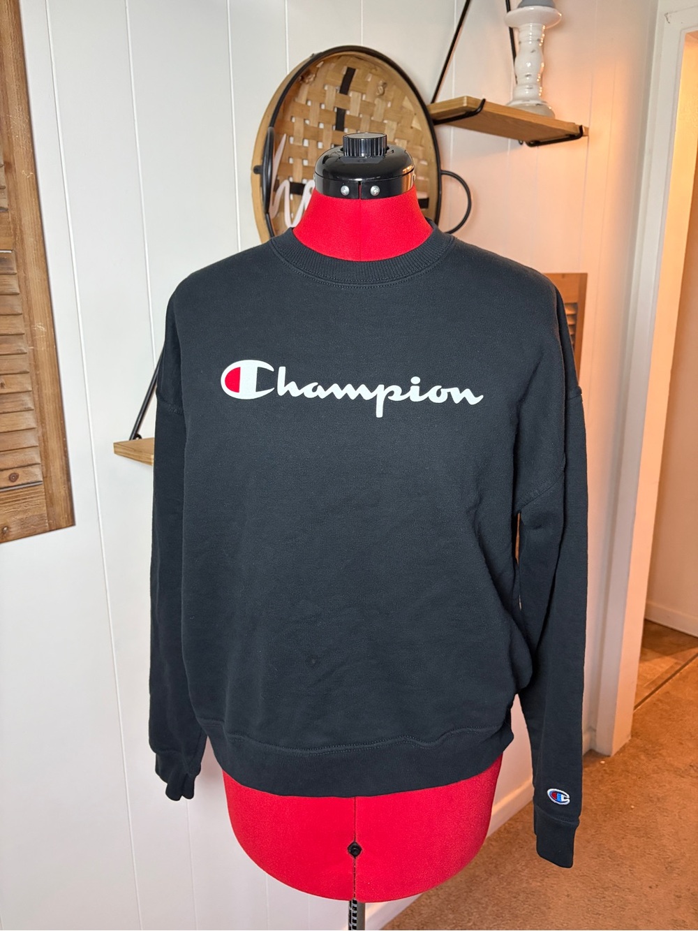 Champion Black Crewneck Sweatshirt with White Script and Red Accent